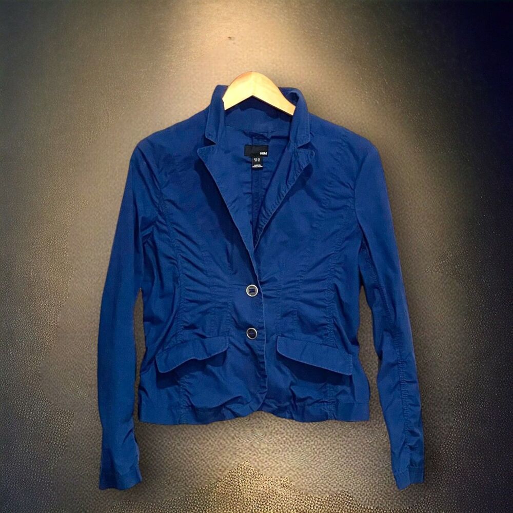 H&M Vintage Crinkled Cotton Rushed Single Breasted Jacket Sapphire Blue Sz 12